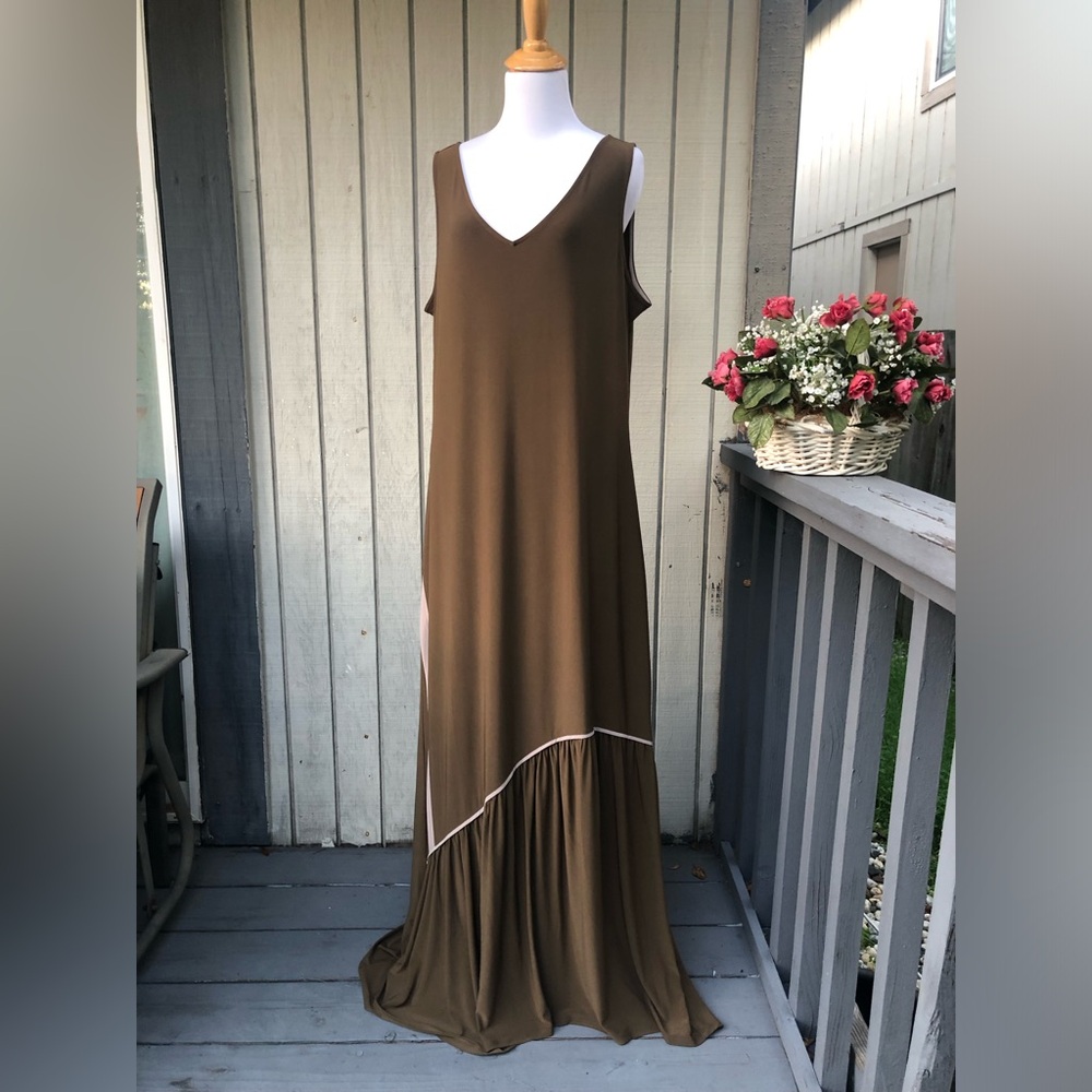 Attitudes Renee Olive Brown Asymmetrical Ruffled Sleeveless Maxi Dress size L